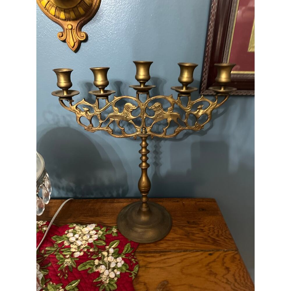 Vintage Brass Five Arm Candelabra Sabbath Menorah Lions Of Judah Motif